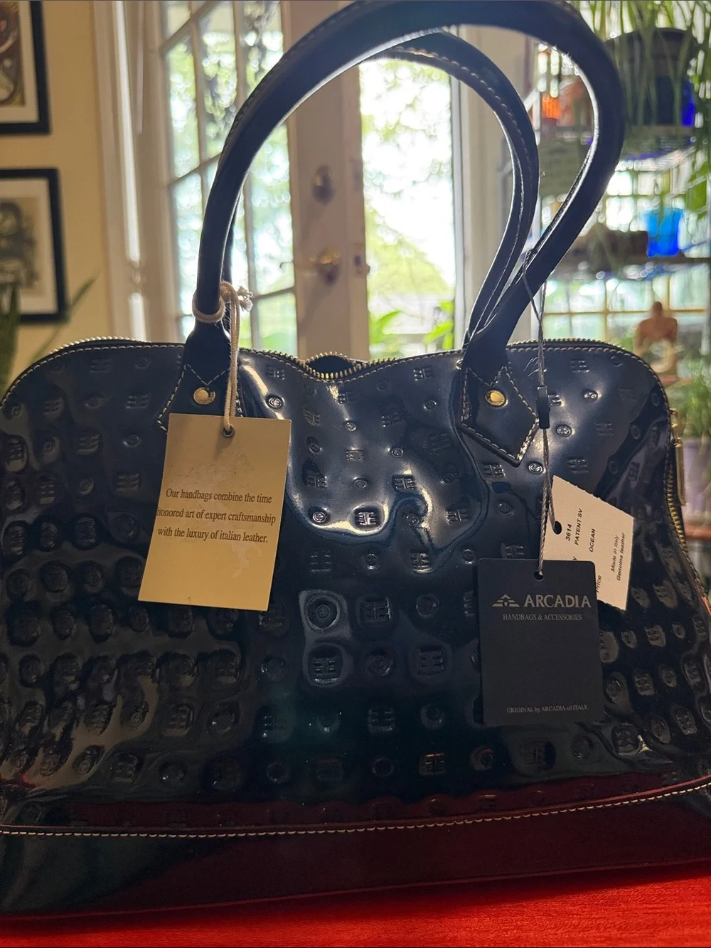 Arcadia Glossy Patent Satchel in Deep Navy